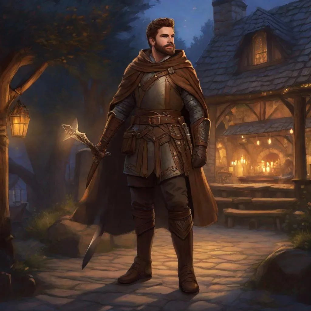Prompt: (Fullbody) hunter hairy manly face looks like richard madden, short-hair, short-bearded, light mail-armour, hesavy belt, brown boots, cloak, pathfinder, dungeons and dragons, monocle, outside a tavern by the woods at night, holding a weapon, in a painted style, realistic