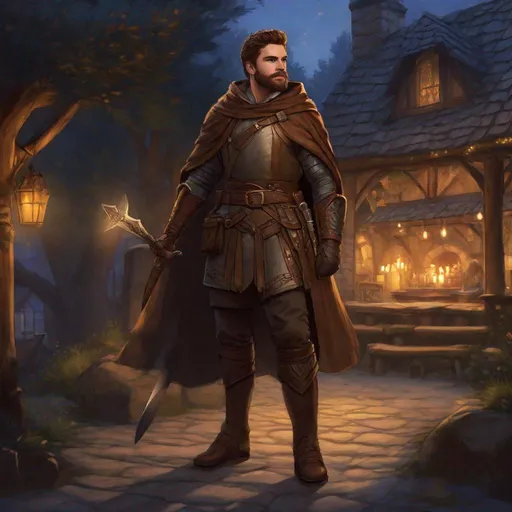 Prompt: (Fullbody) hunter hairy manly face looks like richard madden, short-hair, short-bearded, light mail-armour, hesavy belt, brown boots, cloak, pathfinder, dungeons and dragons, monocle, outside a tavern by the woods at night, holding a weapon, in a painted style, realistic