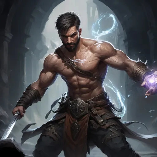 Prompt: Male stocky large muscular battle-mage with short-cut hair and beard, engaged in combat casting a white-light spell inside of a dark dungeon, pathfinder, d&d setting, realistic, enhanced shadow quality, colorful