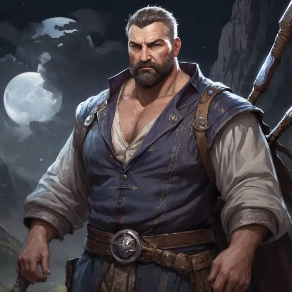 Prompt: (torso) Male stocky large fat beefy 45-year old enchanter with short-cut hair and beard, open shirt hairy chest, in combat casting a magic-spell out of hand in a windy valley at night, pathfinder, d&d setting, in a realistic high quality digital art style, enhanced shadow quality