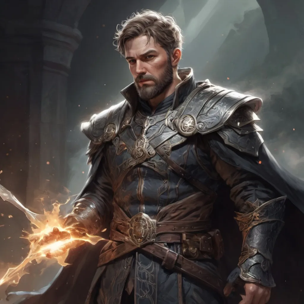 Prompt: (torso) Male stocky large mature fit battle-mage with short-cut hair and beard, engaged in combat casting a light-spell  nature, pathfinder, d&d setting, realistic, enhanced shadow quality