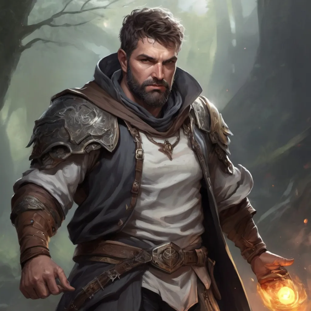 Prompt: (torso) Male stocky large mature fit battle-mage with short-cut hair and beard, engaged in combat casting a light-spell  nature, pathfinder, d&d setting, realistic, enhanced shadow quality