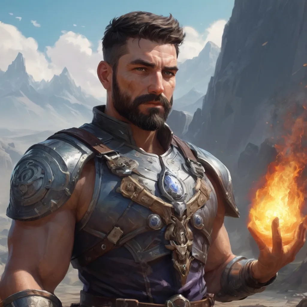 Prompt: Male stocky heavy-set mature muscular arcane-alchemist with short-cut hair and beard, on a battlefield, in combat, holding a frostbomb, pathfinder, d&d setting, realistic high quality, enhanced shadow quality, colorful