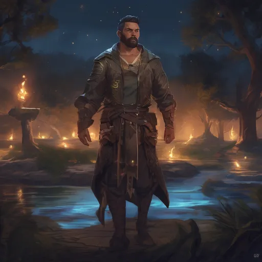 Prompt: (Full body) male muscular summoner with short hair and beard, in nature at night, pathfinder, d&d setting, in a realistic digital art style