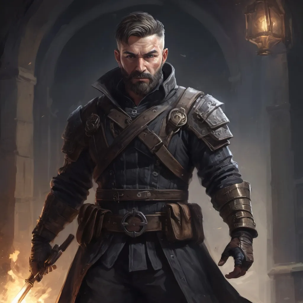 Prompt: Male stocky mature thief with short-cut hair and beard, in combat holding a weapon, inside of an arena at nigjt. pathfinder, d&d setting, in a realistic high quality digital art style, enhanced shadow quality