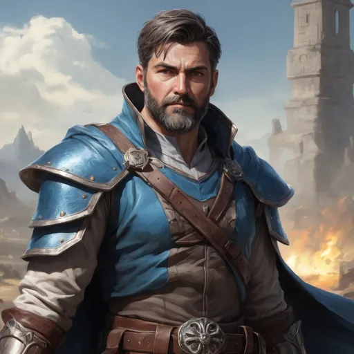 Prompt: Male stocky heavy-set mature illutionist with short-cut hair and beard, on a battlefield, in combat, casting a azure-spell, pathfinder, d&d setting, realistic high quality, enhanced shadow quality