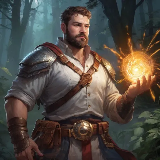 Prompt: Male stocky large fat paladin with short-cut hair and beard, open shirt hairy chest, in combat casting a magic-ray out of hands in nature at night, pathfinder, d&d setting, in a realistic high quality digital art style, enhanced shadow quality, colorful