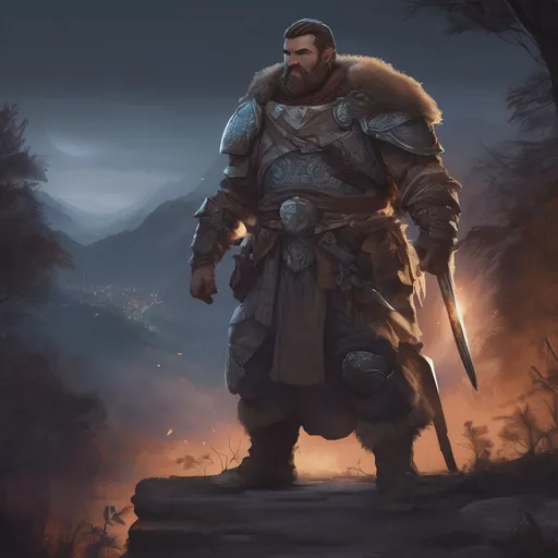 Prompt: (Full body) male stocky large warrior with short hair and beard, big belly, in nature at night, pathfinder, d&d setting, in a realistic digital art style