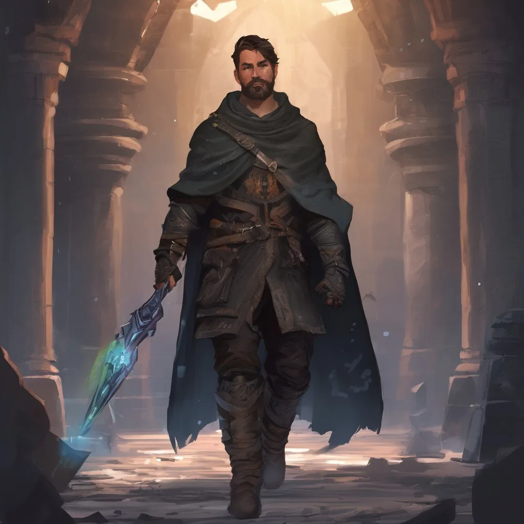 Prompt: (Full body) male stocky magical hunter with short-cut hair and beard, quiver, in a dark magic temple dungeon, cloak, pathfinder, d&d setting, in a realistic digital art style