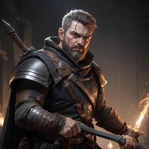 Prompt: Male stocky large mature fit bandit with short-cut hair and beard, engaged in combat holding fantasy-weapon in a dark room, pathfinder, d&d setting, realistic, enhanced shadow quality