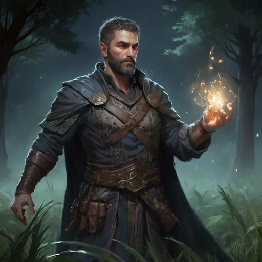 Prompt: (head and torso) Male heavy-set mature fantasy-sorcerer with short-cut hair and beard, holding magic-spell, in a grass field covered in trees at night. in rain, in combat, pathfinder, d&d setting, in a realistic high quality digital art style, enhanced shadow quality