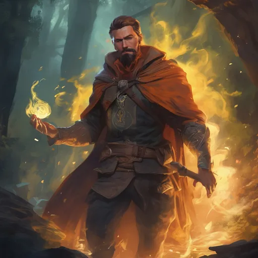 Prompt: (Full body) male stocky handsome muscular warlock with short-cut hair and beard, casting a swirly magic spell, in a forest cave at night pathfinder, d&d setting, in a realistic high quality digital art style