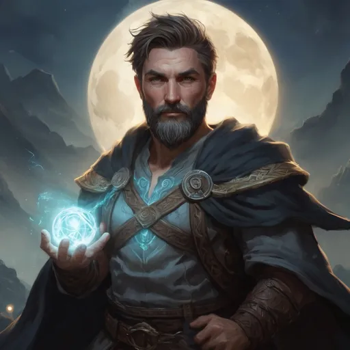 Prompt: (head and torso) Male stocky fit 40-year old handsome druid with short-cut hair and beard, holding magic-spell, in a windy nature at night, pathfinder, d&d setting, enhanced shadow quality