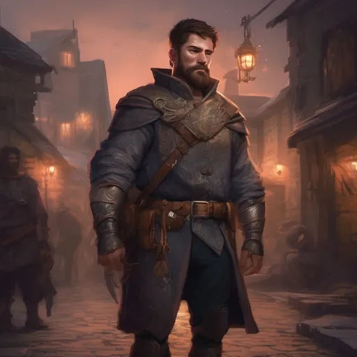 Prompt: (Full body) male manly stocky noble royal guard with dark short-cut hair and beard, in small village at night, pathfinder, d&d setting, in a realistic digital art style