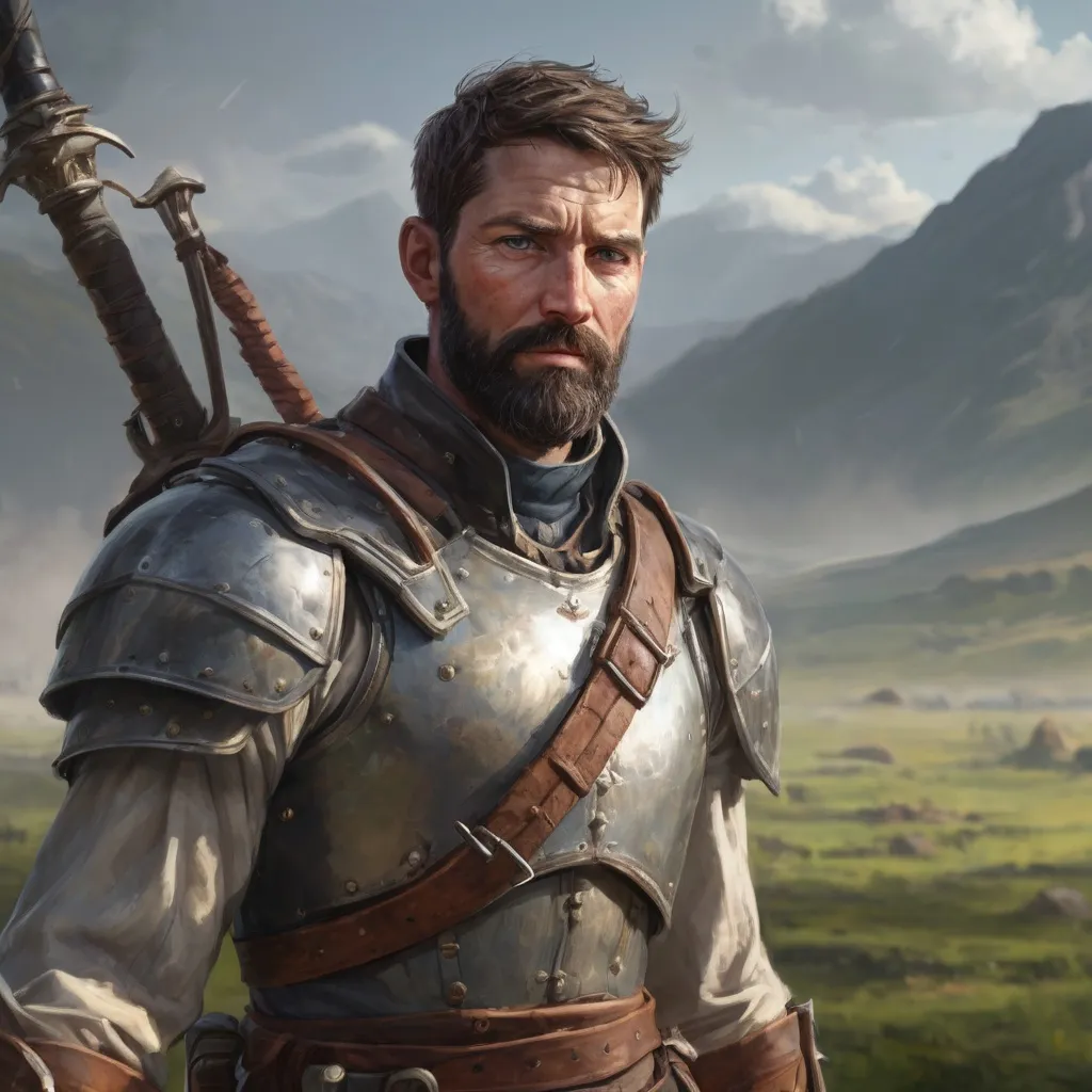 Prompt: Male heavy-set mature fit scottish Pikeman with short-cut hair and beard, holding fantasy-weapon , in a windy battlefield, pathfinder, d&d setting, enhanced shadow quality
