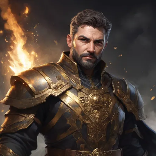 Prompt: Male stocky heavy-set mature illutionist with short-cut hair and beard, on a battlefield, in combat, casting a gold-spell, pathfinder, d&d setting, in a realistic high quality digital art style, enhanced shadow quality