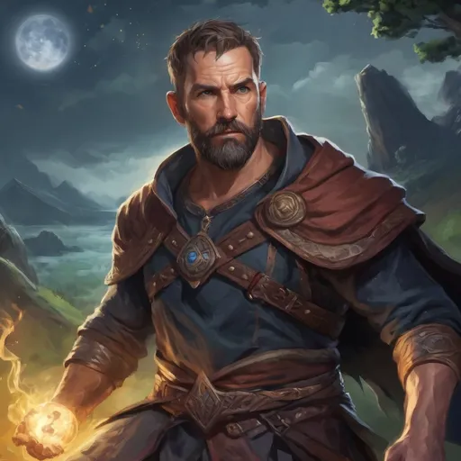Prompt: (head and torso) Male heavy-set fit 40-year old hunky druid with short-cut hair and beard, holding magic-spell, in a windy nature at night, pathfinder, d&d setting, enhanced shadow quality