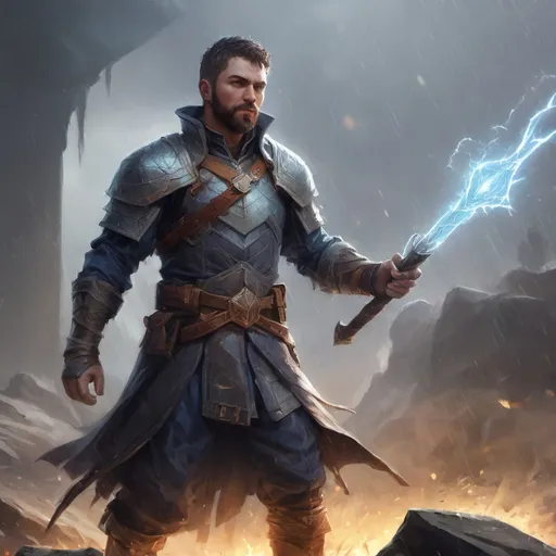 Prompt: Male stocky large battle-mage with short-cut hair and beard, wearing chainmail, engaged in combat casting a prismatic-spell on a battlefield in a rainstorm, pathfinder, d&d setting, in a realistic high quality digital art style, enhanced shadow quality, colorful