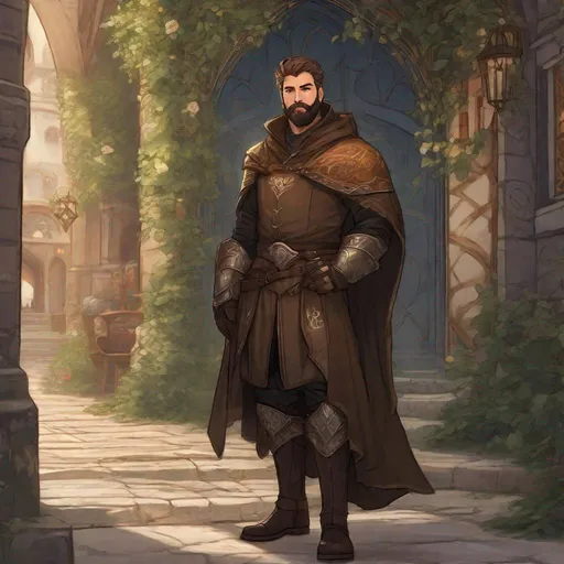 Prompt: (Full-body) a handsome large manly hairy male cleric with short hair and short beard, magic light swirl in one hand, wearing dark armor with vines and wooden details, visible chest hair, brown cloak, boots, street in a town, in a shaded painted style
