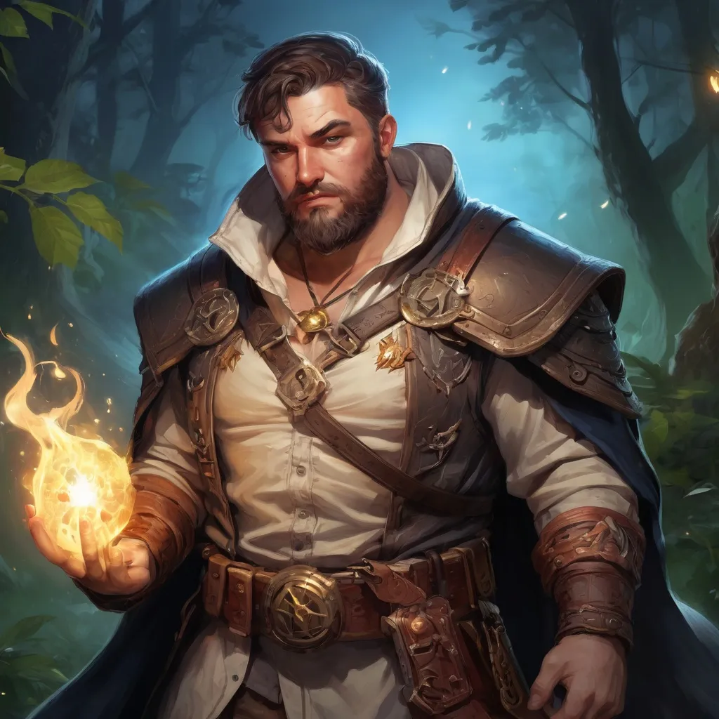 Prompt: Male stocky large fat cleric with short-cut hair and beard, open shirt hairy chest, in combat casting a magic-ray out of hands in nature at night, pathfinder, d&d setting, in a realistic high quality digital art style, enhanced shadow quality, colorful