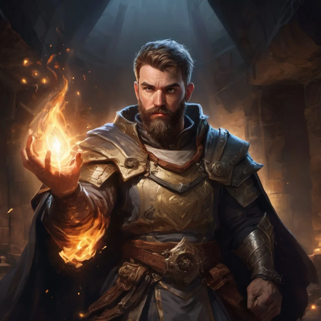 Prompt: Male stocky large cleric with short-cut hair and beard, engaged in combat casting a holy light spell inside of a dark dungeon, pathfinder, d&d setting, in a realistic high quality digital art style, enhanced shadow quality, colorful