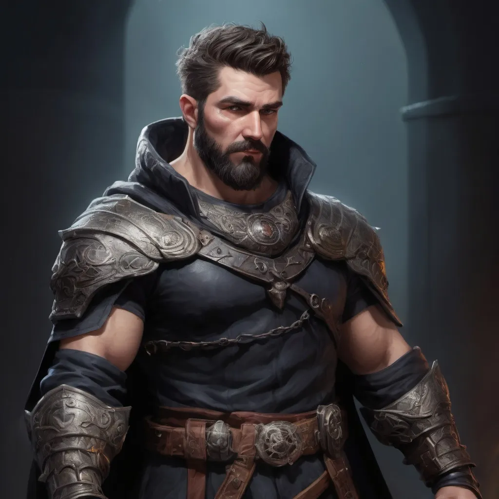 Prompt: (Torso) Male stocky large mature arcanist with short-cut hair and beard, exploring a dark magic dimention, pathfinder, d&d setting, in a realistic high quality digital art style, enhanced shadow quality, colorful