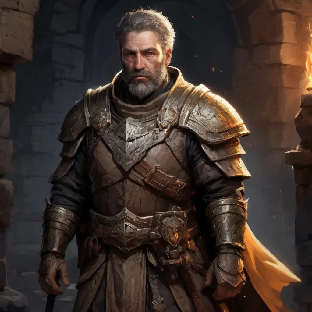 Prompt: Male stocky hairy mature paladin, with short hair and beard, exploring a dark dungeon, pathfinder, d&d setting, in a realistic high quality digital art style, enhanced shadow quality, colorful
