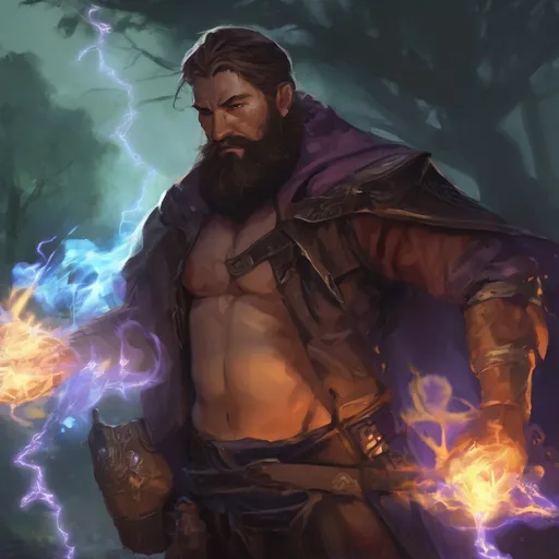 Prompt: (Full body) male stocky big-chested hairy-chested sorcerer with short hair and beard, no shirt on, casting an arcane spell, in nature at night, pathfinder, d&d setting, in a realistic digital art style