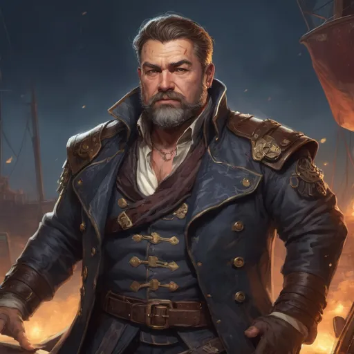 Prompt: male stocky heavy-built large fat mature pirate captain with short hair and beard, wearing magic coat, on a ship by land at night, pathfinder, d&d setting, in a realistic high quality digital art style