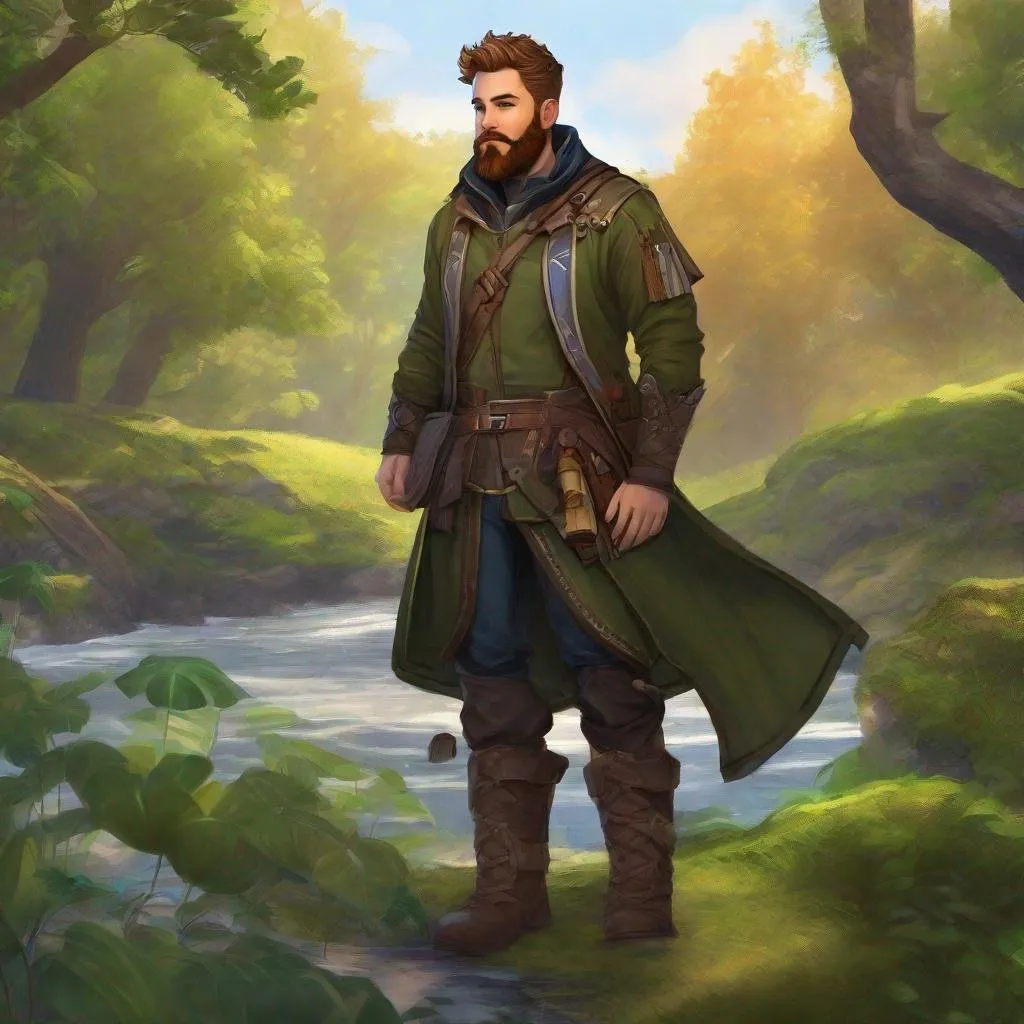 Prompt: A male artificer with short hair and beard, in nature, boots, pathfinder, in a detailed realistic digital art style