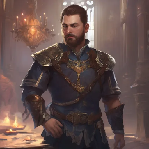 Prompt: (Full body) male stocky young royal noble with short-cut hair and beard, in a dark room, pathfinder, d&d setting, in a realistic digital art style