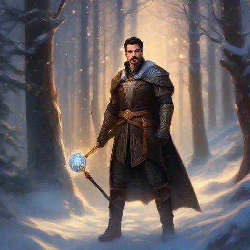 Prompt: (Full body) a male summoner with mustache and stubble short-cut dark hair, handsome manly face, belt, boots, leather pants, holding magical staff, swirly lights, standing outside of a snowy forest, fantasy setting, dungeons & dragons, in a painted style realistic art