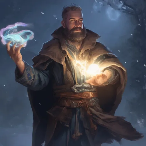 Prompt: (Full body) male stocky sorcerer with short-cut hair and beard, casting a swirly frost-spell, in nature at night pathfinder, d&d setting, in a realistic digital art style