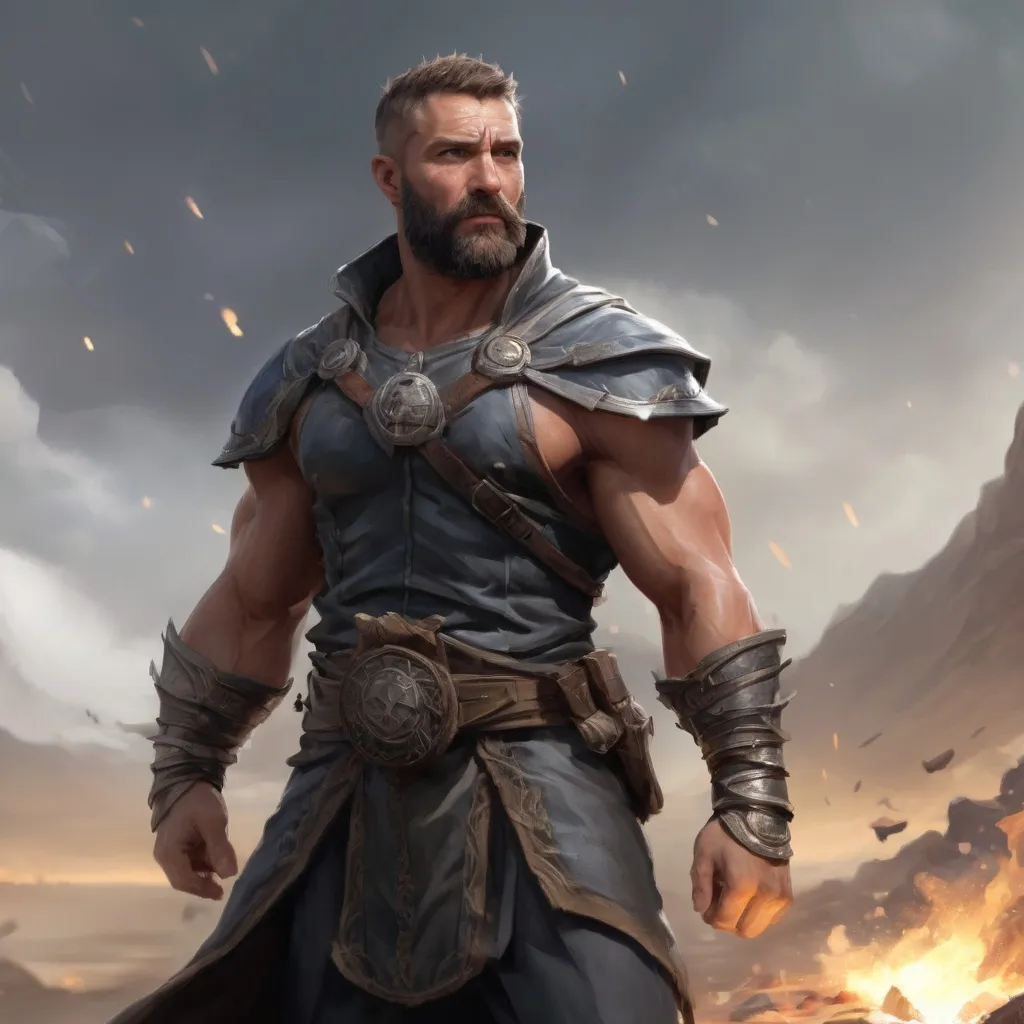 Prompt: (head and torso) Male heavy-set muscular fit 37-year old hunky druid with short-cut hair and beard, chest-hair, holding magic-spell, in a windy battlefield, pathfinder, d&d setting, enhanced shadow quality