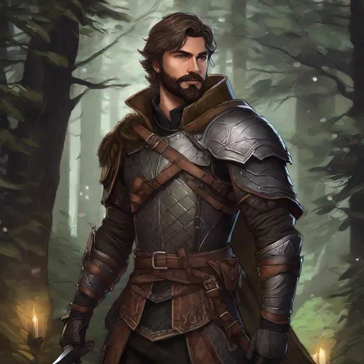 Prompt: (Full body) handsome rogue with short cut hair beard manly face, leather armor, pathfinder, dungeons and dragons, in a dark forest outside of a town, in a digital realistic painted style