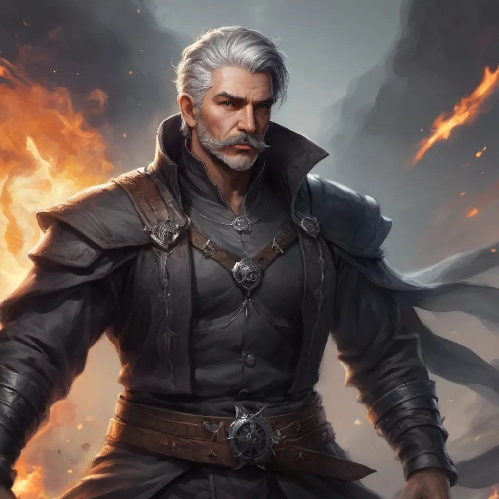 Prompt: (Full body) male stocky large masculine sorcerer with short-cut grey hair and mustache, hairy chest, in a dark battle field, pathfinder, d&d setting, in a realistic high quality digital art style