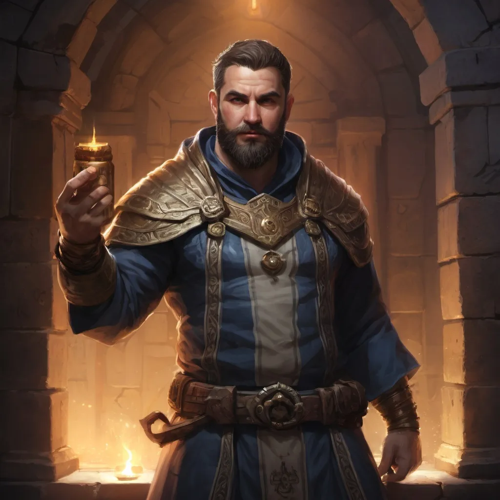 Prompt: Male stocky heavy-set holy-magic cleric with short-cut hair and beard, big belly, inside a temple dungeon at night, pathfinder, d&d setting, in a realistic high quality digital art style, enhanced shadow quality