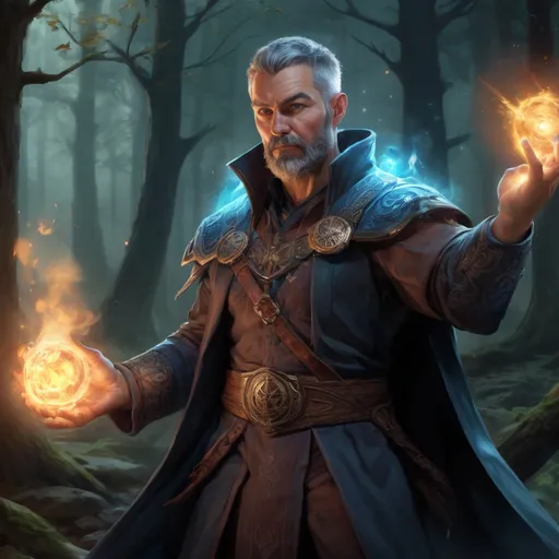 Prompt: Male stocky heavy-set mature summoner with short-cut hair and beard, magical glowing robes, casting a spell in combat outside of fantasy forest at night, pathfinder, d&d setting, in a realistic high quality digital art style, enhanced shadow quality