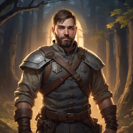 Prompt: Male stocky heavy-set aged scout with short-cut hair and beard, outside of a fantasy guard-tower by the woods at night, pathfinder, d&d setting, in a realistic high quality digital art style, enhanced shadow quality