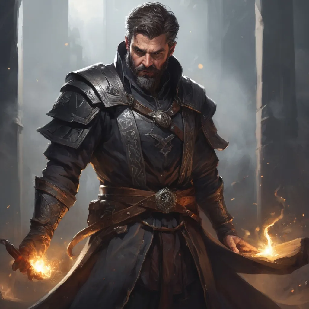 Prompt: Male stocky large mature fit warlock with short-cut hair and beard, engaged in combat casting a magical spell in a dark room, pathfinder, d&d setting, realistic high quality, enhanced shadow quality