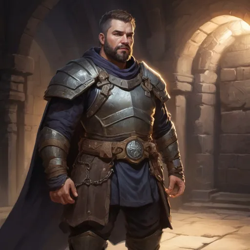 Prompt: Male stocky heavy-set paladin with short-cut hair and beard, big belly, inside a temple dungeon at night, pathfinder, d&d setting, in a realistic high quality digital art style, enhanced shadow quality