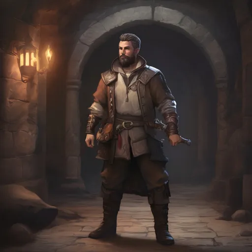 Prompt: (Full body) male stocky young bard with grey short-cut hair and beard, in a dark underground dungeon temple, pathfinder, d&d setting, in a realistic digital art style