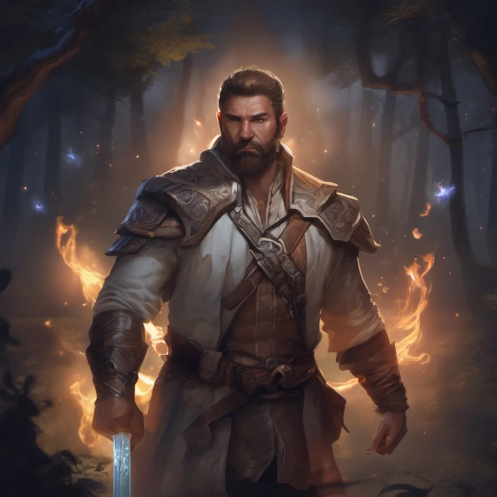 Prompt: A male muscular manly Oracle with short hair and beard, casting magic spell, in a nature at night, pathfinder, d&d setting, in a realistic high quality digital art style