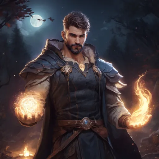 Prompt: A male muscular manly Oracle with short hair and beard, casting magic spell, in a nature at night, pathfinder, d&d setting, in a realistic high quality digital art style