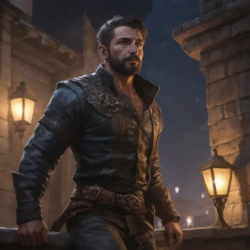 Prompt: (torso) Male heavy-set mature fit thief with short-cut hair and beard, climbing on a wall of a mansion at night, in movement, windy, pathfinder, d&d setting, enhanced shadow quality