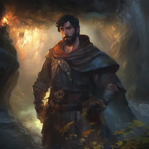 Prompt: (Full body) male beefy handsome arcane-trickster with short-cut black hair and beard, surrounded by swirly magic, in a forest cave at night pathfinder, d&d setting, in a realistic high quality digital art style