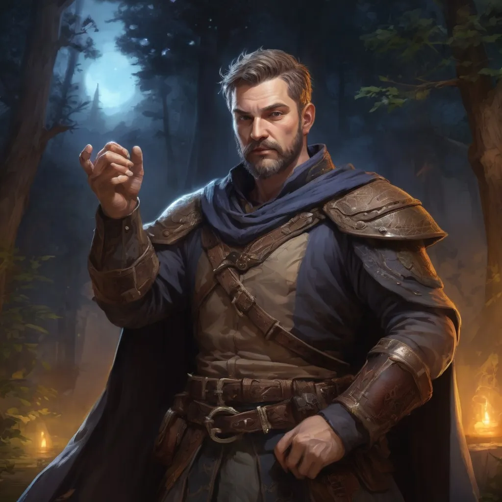 Prompt: Male stocky heavy-set mature fantasy-bard with short-cut hair and beard, outside of fantasy forest at night, pathfinder, d&d setting, in a realistic high quality digital art style, enhanced shadow quality
