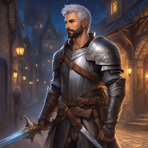 Prompt: (Full body) A male short-haired knight with open shirt hairy chest and short beard grey-striped hair, glowing magic, fantasy weapon, leather armor with details, manly, pathfinder, dungeons and dragons fantasy setting, night time in a town street, in a painted style, realistic