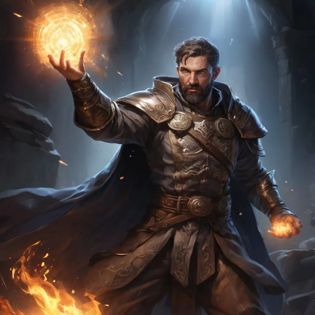 Prompt: Male stocky large mature muscular cleric with short-cut hair and beard, engaged in combat casting a prismatic-light spell inside of a dark dungeon, pathfinder, d&d setting, in a realistic high quality digital art style, enhanced shadow quality