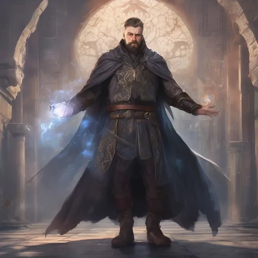 Prompt: (Full body) male stocky magical sorcerer with short-cut hair and beard, casting a magical spell, in a dark magic temple dungeon, cloak, pathfinder, d&d setting, in a realistic digital art style